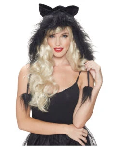 Schwarze Katzen Kapuze Mit Pom Poms